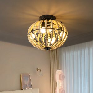 18" Bohemian Wood Beaded Ceiling Fan with Light, Flush Mount Caged Ceiling Fan, Rustic Farmhouse Low Profile F